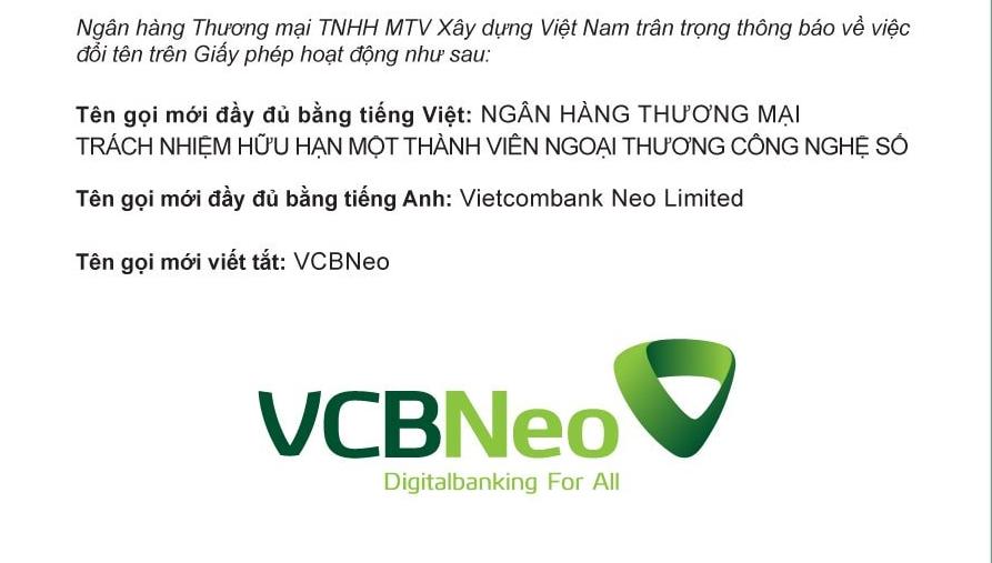 CB đổi tên thành Ngân hàng Ngoại thương Công nghệ số - VCBNeo