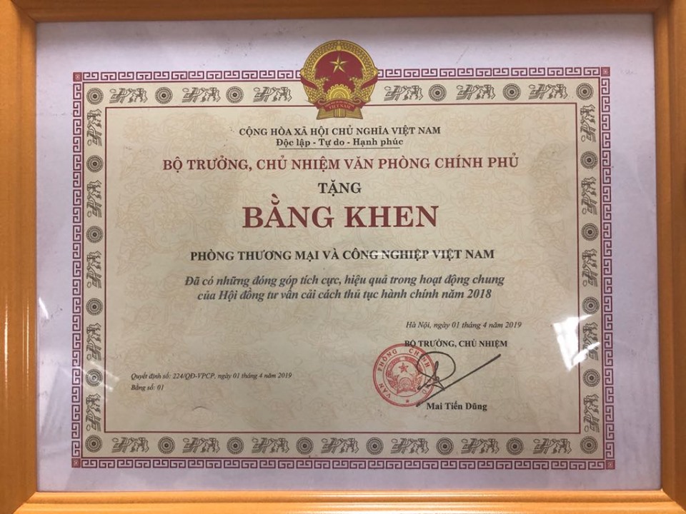VCCI nhận bằng khen của Bộ trưởng, Chủ nhiệm văn phòng Chính phủ